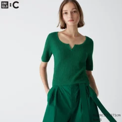 Pullover & Strickjacken*UNIQLO Cropped Halbarm Pullover Mit Spitze Und Schlussellochausschnitt