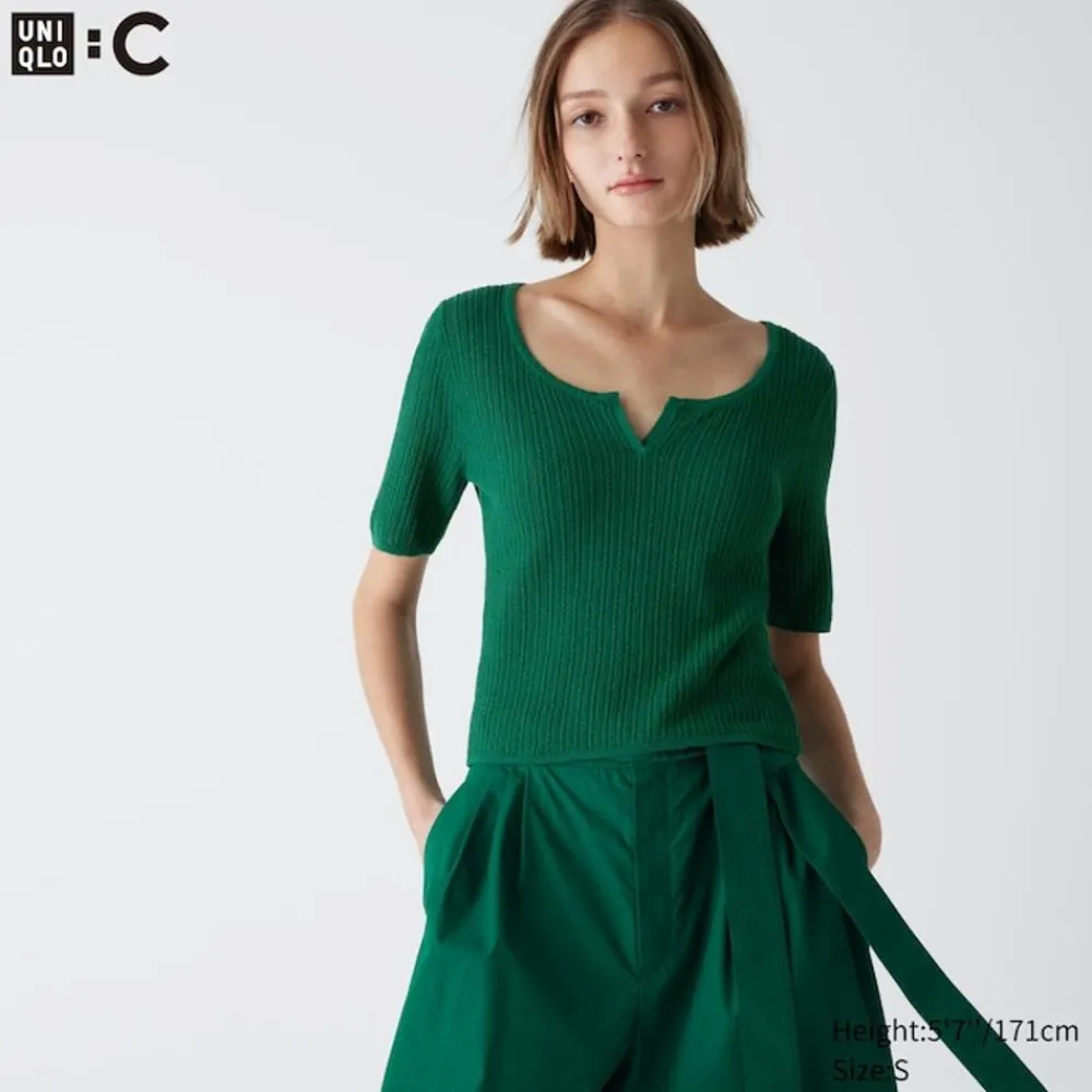 Pullover & Strickjacken*UNIQLO Cropped Halbarm Pullover Mit Spitze Und Schlussellochausschnitt