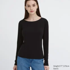 T-Shirts & Oberteile*UNIQLO Geripptes Heattech Thermo Bh-Langarmshirt Mit Weitem Rundhalsausschnitt Schwarz