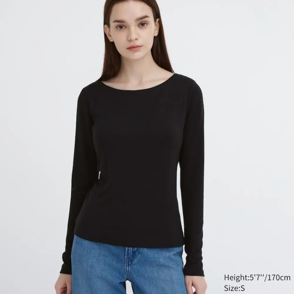 T-Shirts & Oberteile*UNIQLO Geripptes Heattech Thermo Bh-Langarmshirt Mit Weitem Rundhalsausschnitt Schwarz