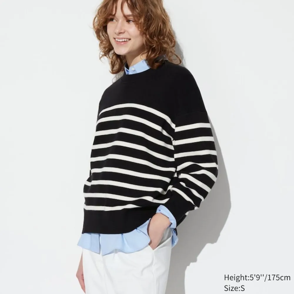 Pullover & Strickjacken*UNIQLO Gestreifter Sanfter Baumwolle Pullover (Relaxed Fit) Schwarz