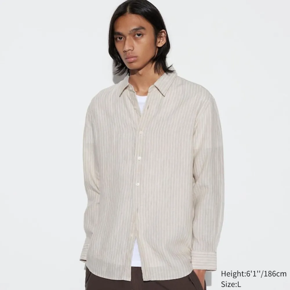 Hemden*UNIQLO Gestreiftes 100 % Premium Leinen Langarm Hemd