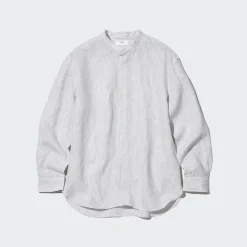 Hemden*UNIQLO Gestreiftes 100 % Premium Leinen Langarm Hemd Mit Stehkragen Blau