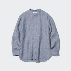 Hemden*UNIQLO Gestreiftes 100 % Premium Leinen Langarm Hemd Mit Stehkragen Blau