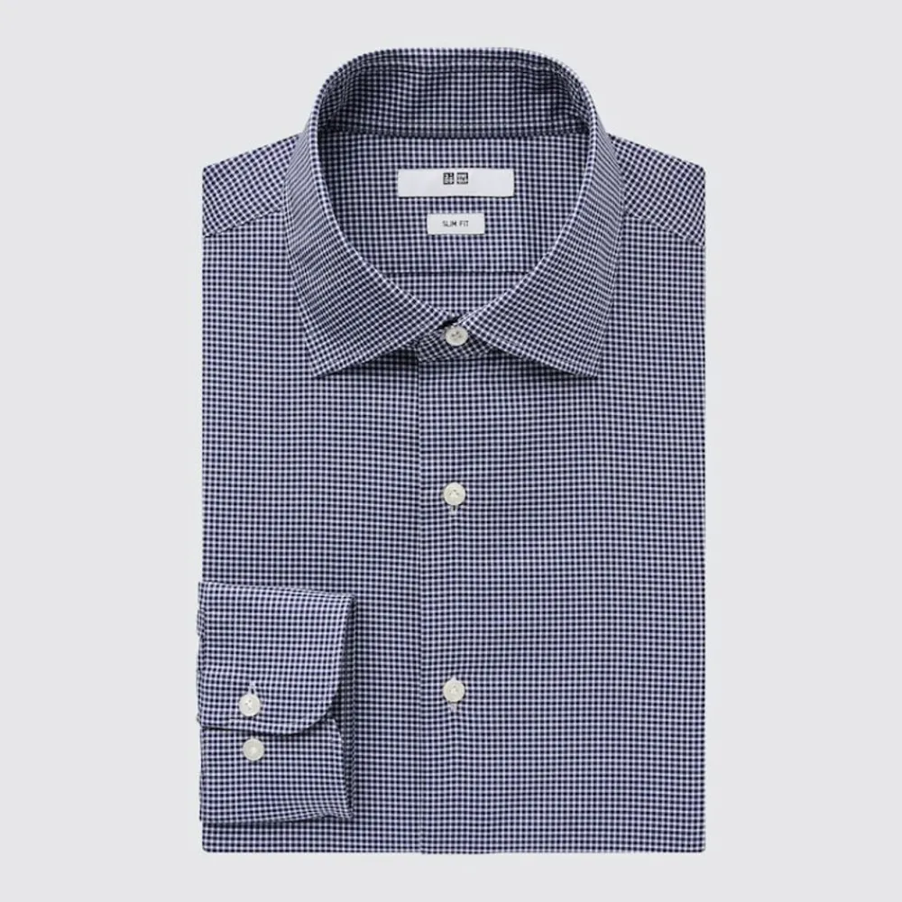 Hemden*UNIQLO Kariertes Easy Care Langarm Hemd (Slim Fit) Dunkelblau
