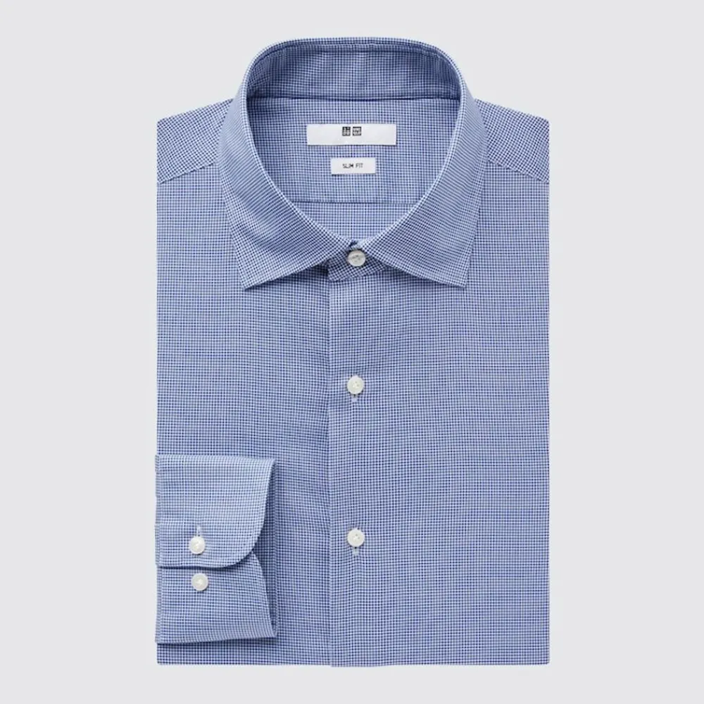 Hemden*UNIQLO Kariertes Easy Care Langarm Hemd (Slim Fit) Blau