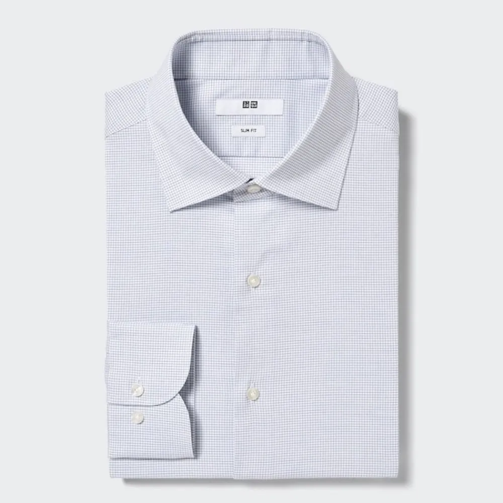 Hemden*UNIQLO Kariertes Easy Care Stretch Langarm Hemd (Slim Fit) Blau