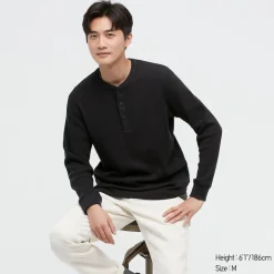 T-Shirts & Oberteile*UNIQLO Langarmshirt In Waffeloptik Mit Henley-Ausschnitt