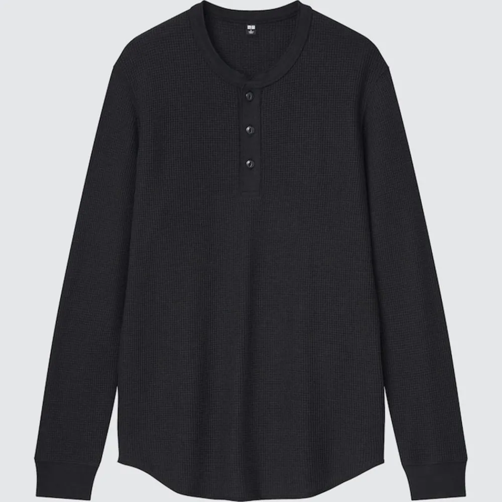 T-Shirts & Oberteile*UNIQLO Langarmshirt In Waffeloptik Mit Henley-Ausschnitt (Saison 2021) Schwarz