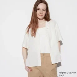 Hemden & Blusen*UNIQLO Leinenmix Kurzarm Bluse Mit Offenem Kragen
