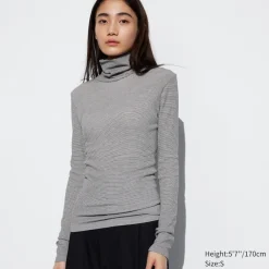 T-Shirts & Oberteile*UNIQLO Nahtloses Geripptes Gestreiftes Heattech Extra Warm Thermo Langarmshirt Grauweis