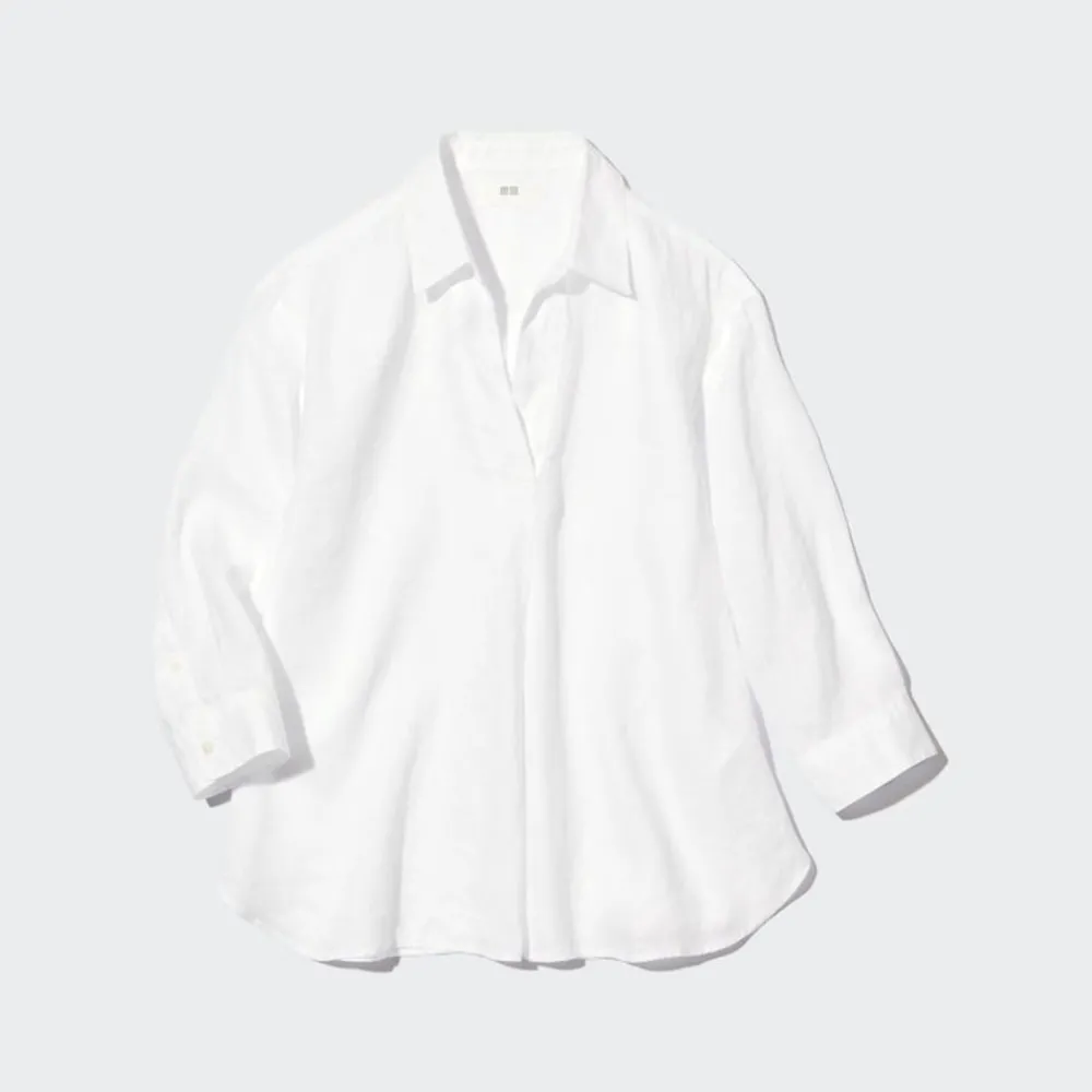 Hemden & Blusen*UNIQLO 100 % Premium Leinen 3/4-Arm Bluse Mit Skipper-Kragen