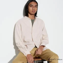 Hemden*UNIQLO 100 % Premium Leinen Langarm Hemd Mit Stehkragen